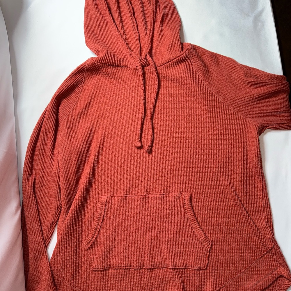 Rust Waffle Knit Hooded Sweater